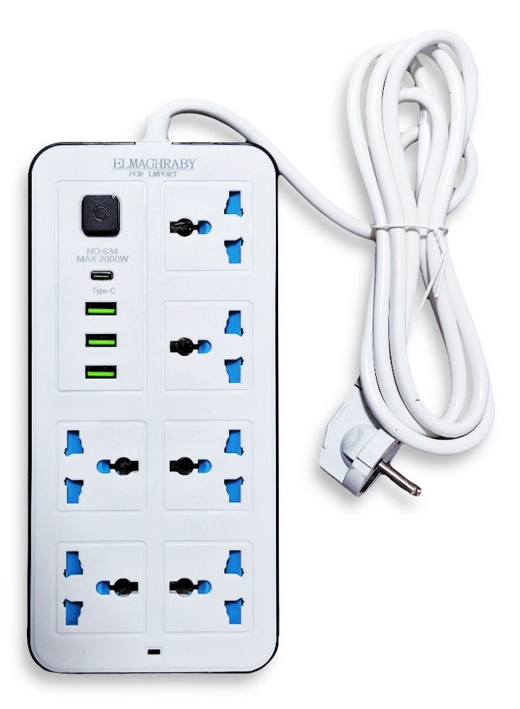 Electric Power strip multicolour - 2500 watt, Auto max 10 A / 220-250V , with 6 Outlet , 200 CM cable , 3 Port USB and 1 port type-c for Laptop, PC, MacBook , Home and Office Electrical appliances and Mobile charger - Image 2